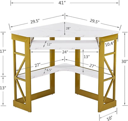 VECELO Corner Computer Desk 41 x 30 inches with Smooth Keyboard & Storage Shelves for Home Office Workstation,White & Gold