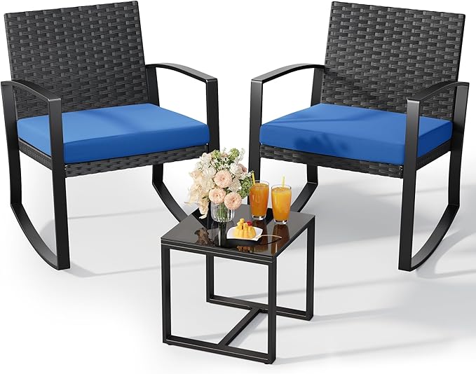 Qsun 3 Piece Patio Bistro Set Patio Furniture Set Outdoor Wicker Rocking Furniture Conversation Set with Tempered Glass Coffee Table for for Front Porch Balcony and Deck (Blue Cushion)
