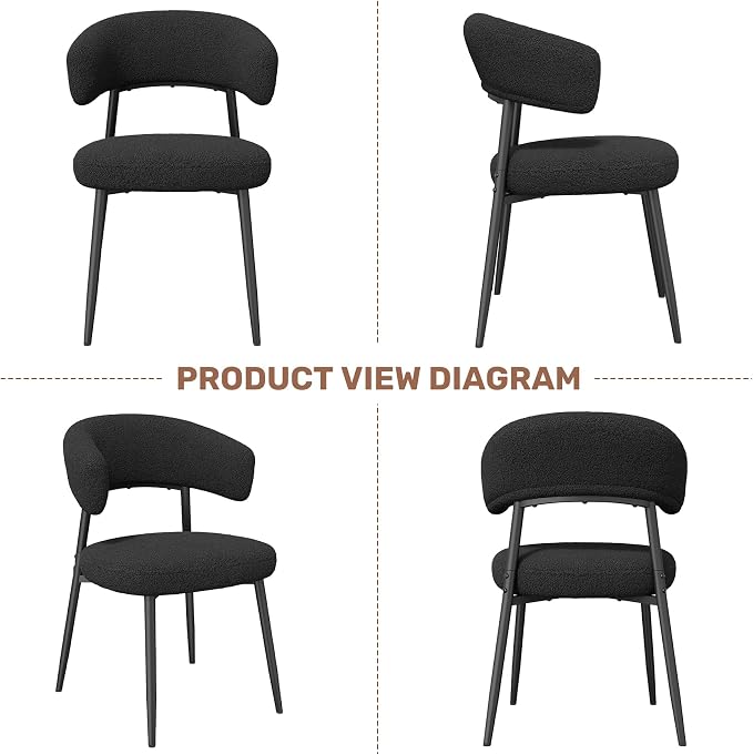 Dining Chairs Set of 2, Mid Century Modern Kitchen Chairs, Boucle Upholstered Dining Chair with Curved Backrest & Metal Legs for Kitchen Dining Room, Black