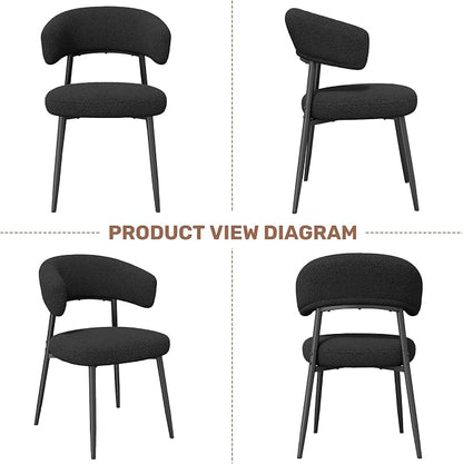 Dining Chairs Set of 2, Mid Century Modern Kitchen Chairs, Boucle Upholstered Dining Chair with Curved Backrest & Metal Legs for Kitchen Dining Room, Black
