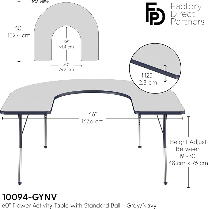 FDP Horseshoe Activity School and Office Table (60 x 66 inch), Standard Legs with Ball Glides for Collaborative Seating Environments, Adjustable Height 19-30 inches - Gray Top and Navy Edge