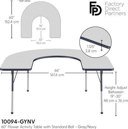 FDP Horseshoe Activity School and Office Table (60 x 66 inch), Standard Legs with Ball Glides for Collaborative Seating Environments, Adjustable Height 19-30 inches - Gray Top and Navy Edge