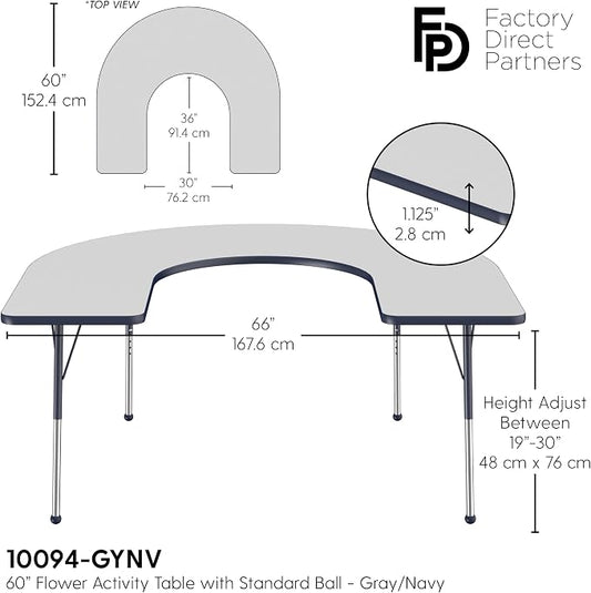 FDP Horseshoe Activity School and Office Table (60 x 66 inch), Standard Legs with Ball Glides for Collaborative Seating Environments, Adjustable Height 19-30 inches - Gray Top and Navy Edge