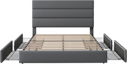 Allewie Modern Queen Size Platform Bed Frame with 4 Storage Drawers and Velvet Upholstered Headboard, Wooden Slats Support, Upholstered Mattress Foundation/No Box Spring Needed/Easy Assembly, Grey