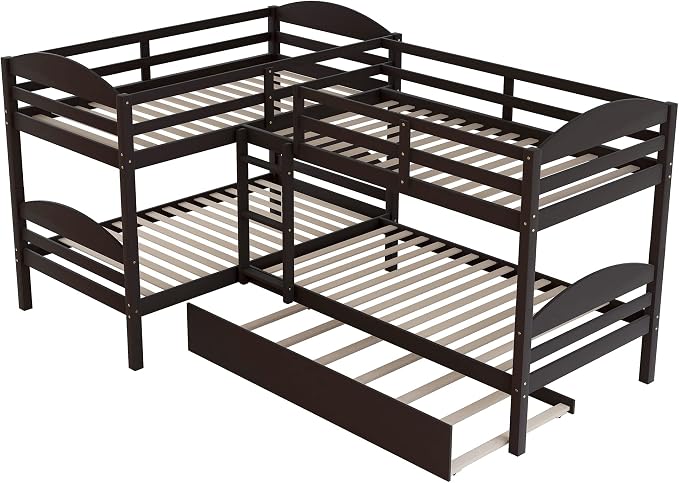 Flieks Four L Shaped Bunk Beds Twin-Over-Twin-Over-Twin-Over-Twin with Trundle, Divides into 2 Beds for 5, Family & Teens, No Box Spring Required