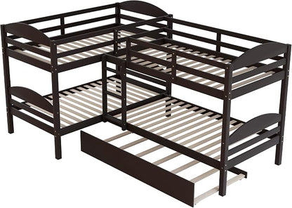 Flieks Four L Shaped Bunk Beds Twin-Over-Twin-Over-Twin-Over-Twin with Trundle, Divides into 2 Beds for 5, Family & Teens, No Box Spring Required