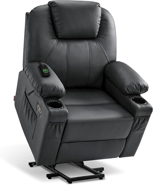 MCombo Large Power Lift Recliner Chair with Massage and Heat for Tall Elderly People, 3 Positions, Cup Holders, and USB Ports, Faux Leather 7516 (Large, Black)