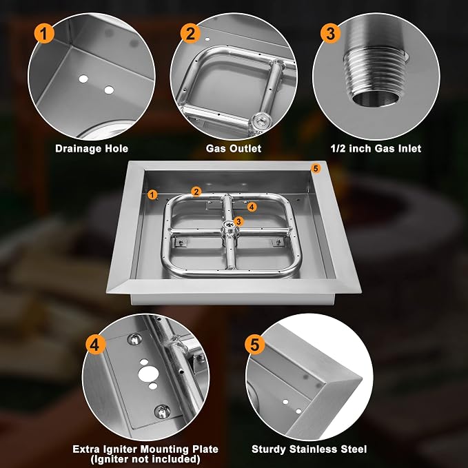 Onlyfire 12 Inch Square Fire Pit Burner Pan with Square Burner Ring – 304 Stainless Steel Drop-in Gas Fire Pit Insert for Natural Gas & Propane, 88,000 BTU, Square Flame Pattern for DIY Fire Table
