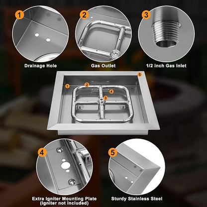 Onlyfire 12 Inch Square Fire Pit Burner Pan with Square Burner Ring – 304 Stainless Steel Drop-in Gas Fire Pit Insert for Natural Gas & Propane, 88,000 BTU, Square Flame Pattern for DIY Fire Table
