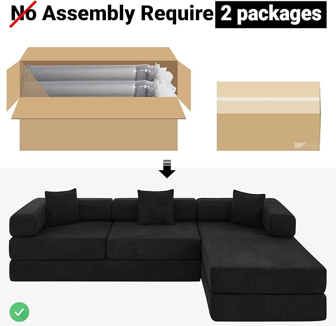 ivoros 108" Oversized Convertible Sleeper Sofa Bed, Corduroy L Shape Sectional Couch, Folding Sofa Bed with Fixed-Shape Frame, Modern Cloud Floor Mattress Couch, Modular Sofa for Living Room, Black