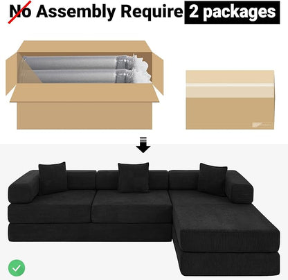 ivoros 108" Oversized Convertible Sleeper Sofa Bed, Corduroy L Shape Sectional Couch, Folding Sofa Bed with Fixed-Shape Frame, Modern Cloud Floor Mattress Couch, Modular Sofa for Living Room, Black