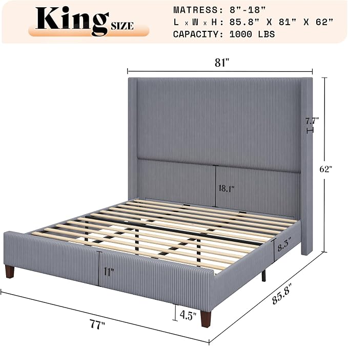 AMERLIFE King Size 62" Corduroy Upholstered Bed Frame, Luxurious Platform Bed with Extra Tall Wingback Headboard and Vertical Stripe, No Box Spring Needed/Solid Wood Slats & Legs/Gray