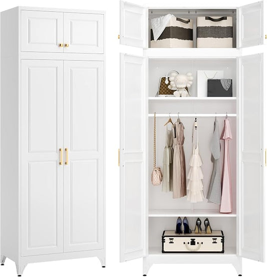 Armoire Wardrobe Closet with Hanging Rod, 86.6"Tall Metal Clothes Storage Cabinet with Doors and Adjustable Shelves, White Wardrobe Cabinet, Steel Closet for Bedroom, Bathroom, Office, School