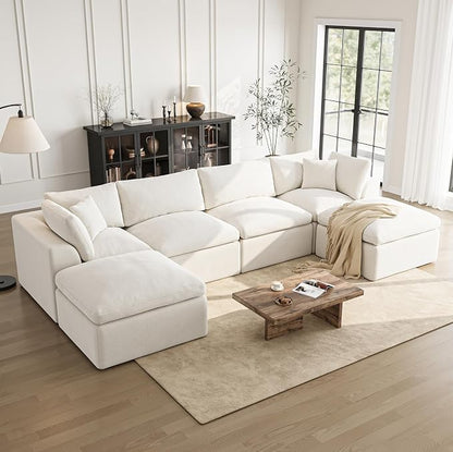 Cloud Sectional Couches for Living Room | 144 Inch U-Shaped Boneless Couch with Ottoman | Ivory White Modular Sectionals Sofa Couch