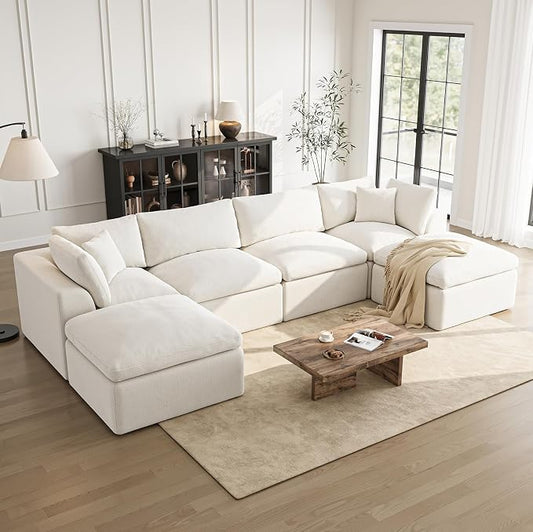 Cloud Sectional Couches for Living Room | 144 Inch U-Shaped Boneless Couch with Ottoman | Ivory White Modular Sectionals Sofa Couch