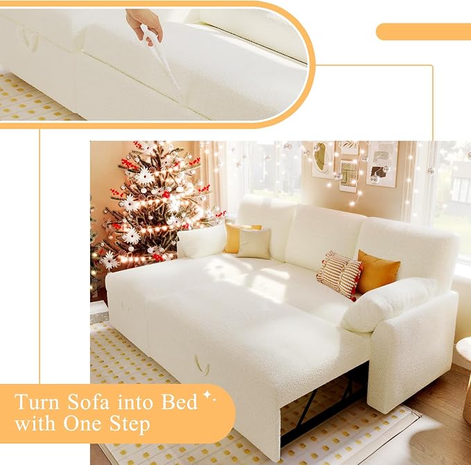 PaPaJet Sofa Bed, Sleeper Sofa with Storage Chaise, L Shaped Sofa with Pull Out Bed, Oversized Sofas for Living Room-White Boucle