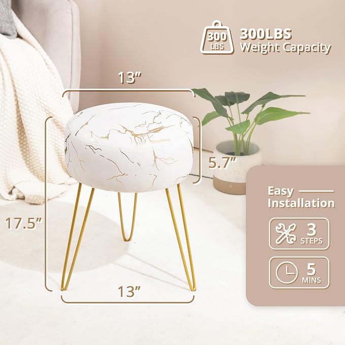 LUE BONA Vanity Stool, Gold Vanity Stools for Makeup Room, Round Ottoman Foot Stool, Velvet Footrest Vanity Chair for Bathroom Vanity, Bedroom, Living Room, Entryway, Offices, 300lbs