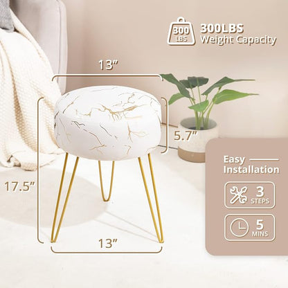 LUE BONA Vanity Stool, Gold Vanity Stools for Makeup Room, Round Ottoman Foot Stool, Velvet Footrest Vanity Chair for Bathroom Vanity, Bedroom, Living Room, Entryway, Offices, 300lbs