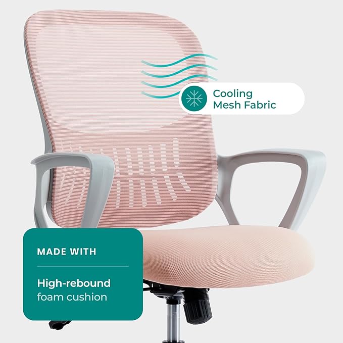 OLIXIS Home Office Chair, Mid Back Computer Ergonomic Mesh Desk with Large Seat, Executive Height Adjustable Swivel Task with Lumbar Support and Armrest, for Adults, Pink