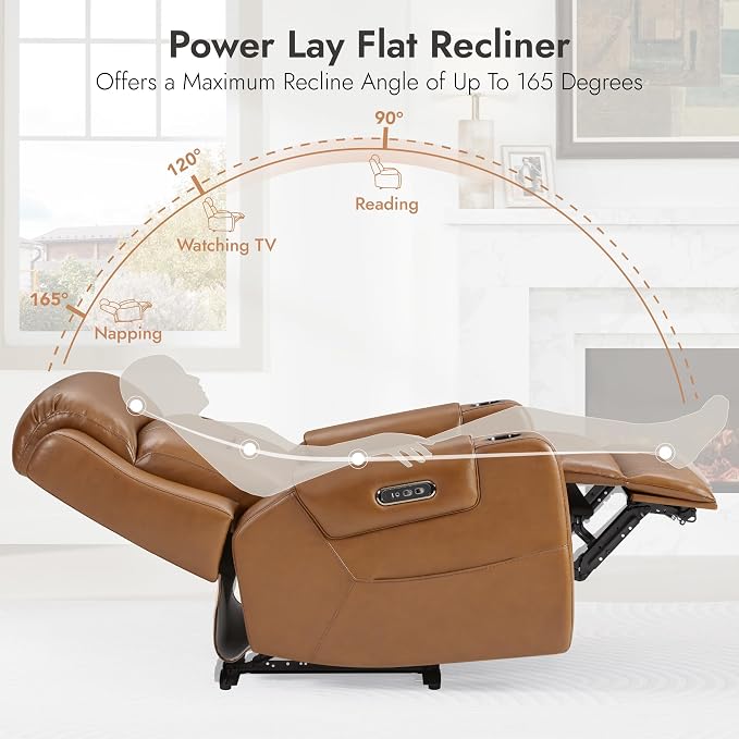 Watson & Whitely Oversized Genuine Leather Power Recliner Chairs for Big and Tall, Extra Wide Lay Flat Recliner with Power Headrest & Cup Holders, Electric Reclining Sofa for Living Room, Saddle