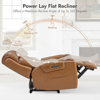 Watson & Whitely Oversized Genuine Leather Power Recliner Chairs for Big and Tall, Extra Wide Lay Flat Recliner with Power Headrest & Cup Holders, Electric Reclining Sofa for Living Room, Saddle