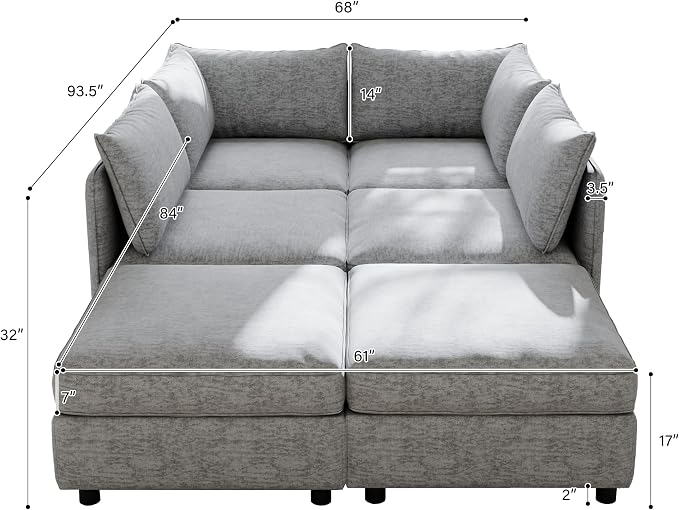 129-Inch U-Shaped 6 Seat Modular Sofa Deep Seat Storage Sectional Sofa Couch Free Combination with Movable Ottomans ,6 Seat Chenille Upholstered U-Shaped Convertible Sleeper Couch for Home Apartment | Space Saving