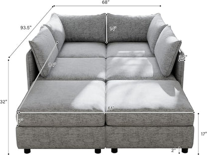 129-Inch U-Shaped 6 Seat Modular Sofa Deep Seat Storage Sectional Sofa Couch Free Combination with Movable Ottomans ,6 Seat Chenille Upholstered U-Shaped Convertible Sleeper Couch for Home Apartment | Space Saving