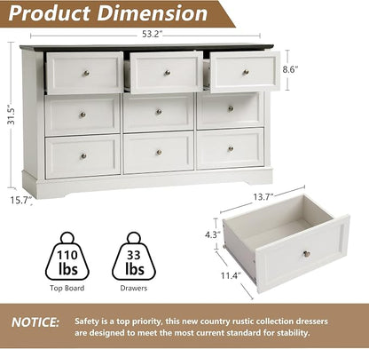 LOUVIXA Farmhouse Bedroom Sets of 4, Including 9 Drawer Dresser, 5 Drawer Dressers and Nightstand Set of 2 with Charging Station (Off White Sets, 3 Pieces-9 Drawer Dresser+2 Nightstand)