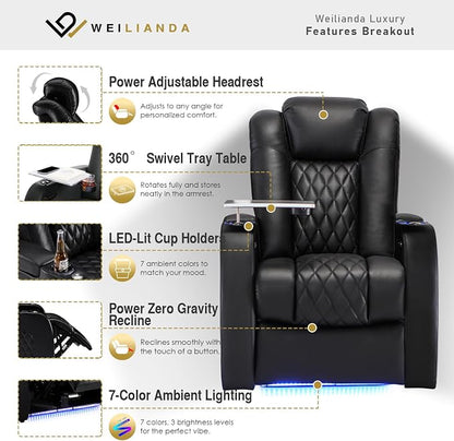 Weilianda Home Theater Seating Top Grain Leather Zero Gravity Recliner Chair Power Headrest Recline Movie Seat Gaming 7 Colors Mood Light Sofa with Tray Table USB Charge Row of 5 Loveseat Right Black
