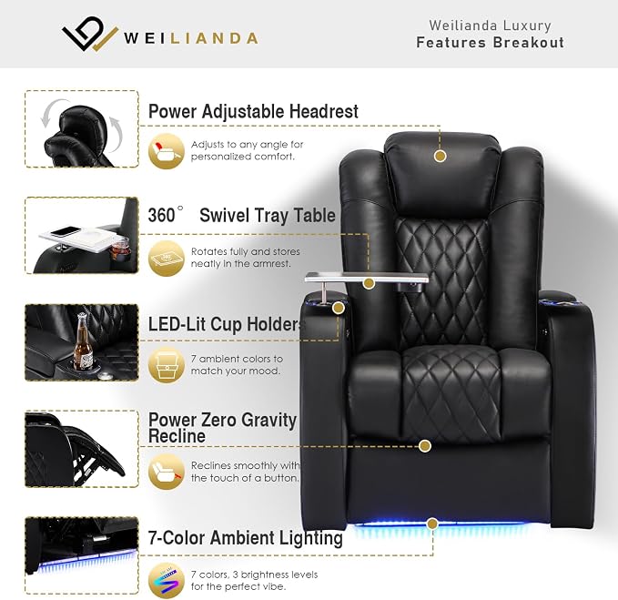 Weilianda Home Theater Seating Top Grain Leather Zero Gravity Recliner Chair Power Headrest Recline Movie Seat Gaming 7 Colors Mood Light Sofa with Tray Table USB Charge Row of 2 Black