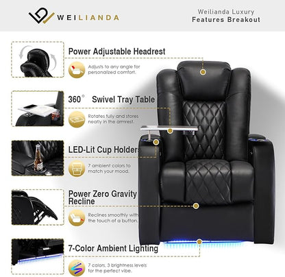 Weilianda Home Theater Seating Top Grain Leather Zero Gravity Recliner Chair Power Headrest Recline Movie Seat Gaming 7 Colors Mood Light Sofa with Tray Table USB Charge Row of 3 Loveseat Right Black