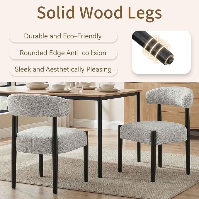 VKNOW Wooden Dining Chairs Set of 4 with Black Legs, Heathered Off-White | Soft Chenille Fabric, Curved Open Back, Thickened Cushion, For Adults and Family, Dining Room, Kitchen, No Wobble