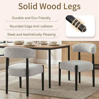 VKNOW Wooden Dining Chairs Set of 4 with Black Legs, Heathered Off-White | Soft Chenille Fabric, Curved Open Back, Thickened Cushion, For Adults and Family, Dining Room, Kitchen, No Wobble