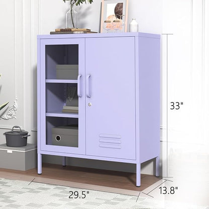 Metal Cabinet Metal Bathroom Storage Cabinet Metal Storage Cabinets with Glass Door and Adjustable Shelves Cabinet Storage for Coffee Bar for Homes, Living Rooms and Offices Purple 33''H
