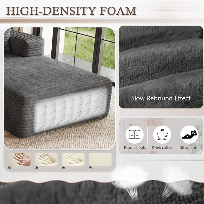 95" Cloud Sectional Couch with L-Shape Chaise, Modular Comfy Sofa Chaise Longue, Upholstered Corduroy Couches Sleeper with Deep Seat for Living Room Bedroom, No Assembly Required(Grey, Right Facing)
