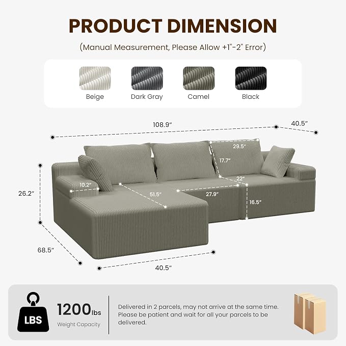 kinmars 108" Boneless Sectional Couch,Corduroy Cloud Couch Sectional for Living Room,Modern L Shaped Modular Sectional Couch,3 Seater Sofa (Camel, 108.9" L Shaped with Left Facing Chaise)