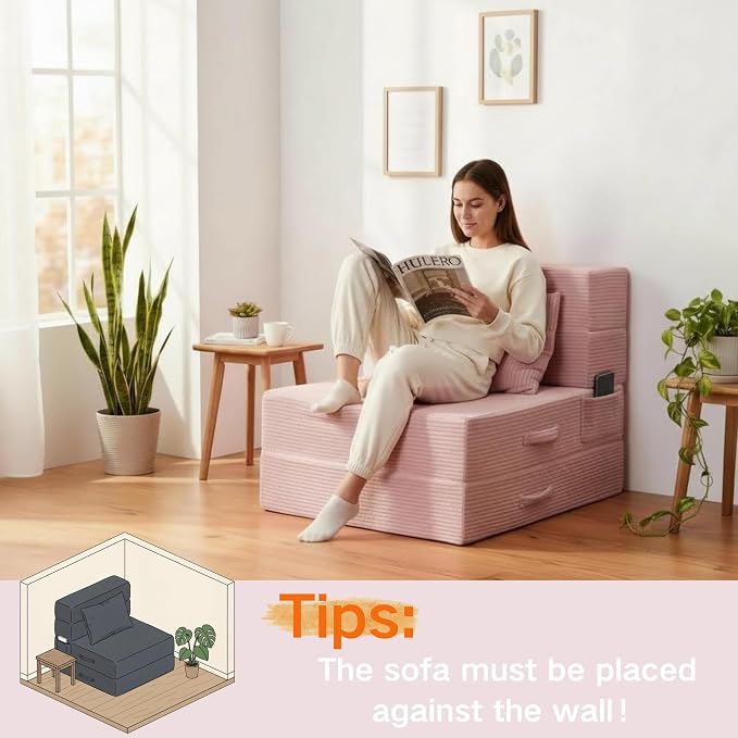 Folding Sofa Bed, 4 in 1 Convertible Sleeper Chair with Pillow, Single Memory Foam Fold Out Chair Bed, Modern Floor Futon Sofa Couch Mattress for Living Room/Guest/Apartment, Pink