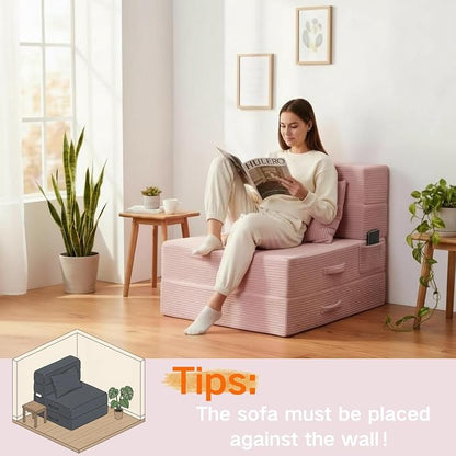 Folding Sofa Bed, 4 in 1 Convertible Sleeper Chair with Pillow, Single Memory Foam Fold Out Chair Bed, Modern Floor Futon Sofa Couch Mattress for Living Room/Guest/Apartment, Pink
