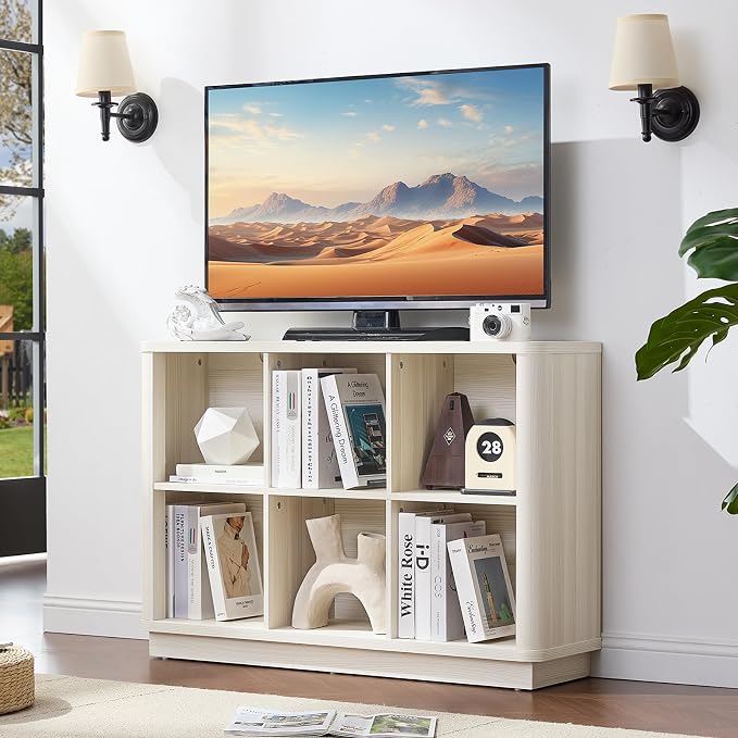 Joaxswe 6 Cube Bookcase, 40" Wide Horizontal 2-Tier Book Shelf w/Curved Edge, Wood Low Floor Standing Bookshelf with Base, Modern Short Storage Organizer for Living Room,Office, Gray-White Cream Oak