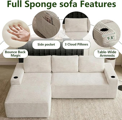104.3" Modular Sectional Sofa,Modern Corduroy Cloud Couch with Cup Holder & Side Pockets,Boneless Couch Upholstered 3-Seater L-Shaped Sofa for Living Room,No Assembly (White, Left-Facing Chaise) | with Cup Holder