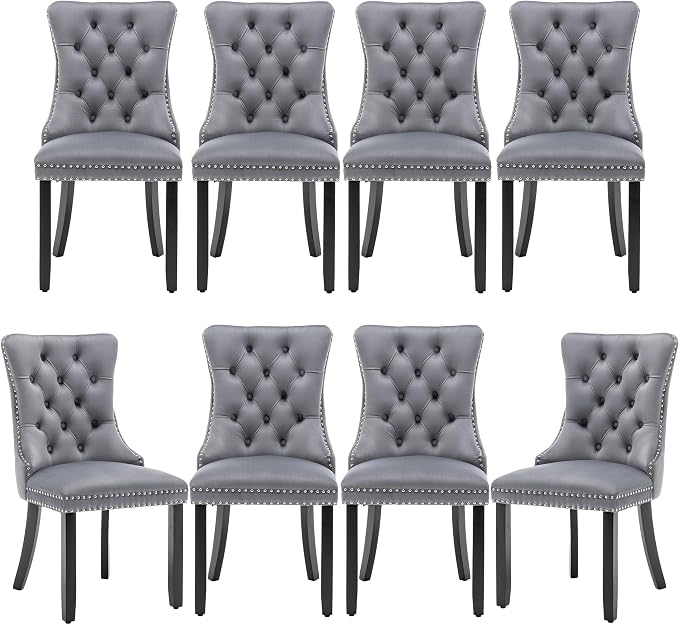 Mid Century Modern Dining Chair Set of 8 Velvet Upholstered Dining Accent Chair Farmhouse Dining Chairs with High Back and Nailhead Trim for Kitchen, Living Room, Bedroom (Gray)