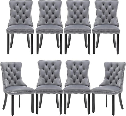 Mid Century Modern Dining Chair Set of 8 Velvet Upholstered Dining Accent Chair Farmhouse Dining Chairs with High Back and Nailhead Trim for Kitchen, Living Room, Bedroom (Gray)