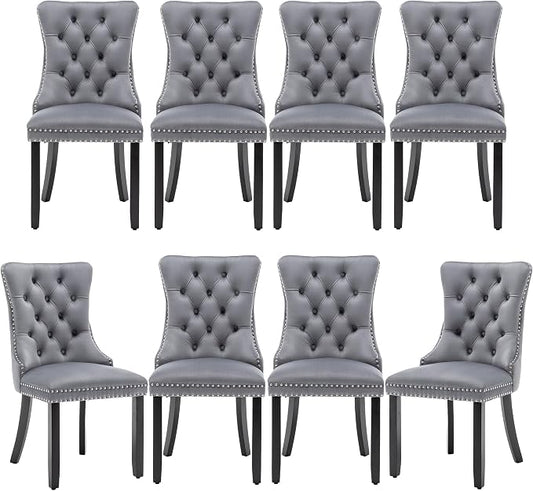 Mid Century Modern Dining Chair Set of 8 Velvet Upholstered Dining Accent Chair Farmhouse Dining Chairs with High Back and Nailhead Trim for Kitchen, Living Room, Bedroom (Gray)