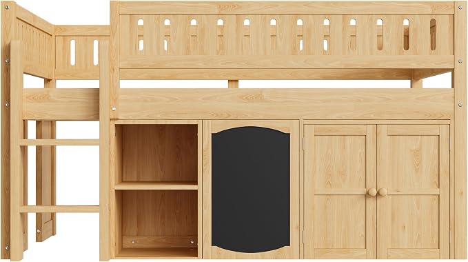 Full Size Loft Bed with Storage Cabinet & Chalkboard Panel, Wood Loft Bed Frame, Space-Saving Design, Natural