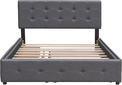 Ball & Cast Queen Bed Frame with 2 Drawers and 1 Twin XL Trundle, Linen Upholstered Platform Bed Frame Queen Size with Button Tufted Headboard & Wood Slats Support,No Box Spring Needed,Dark Gray