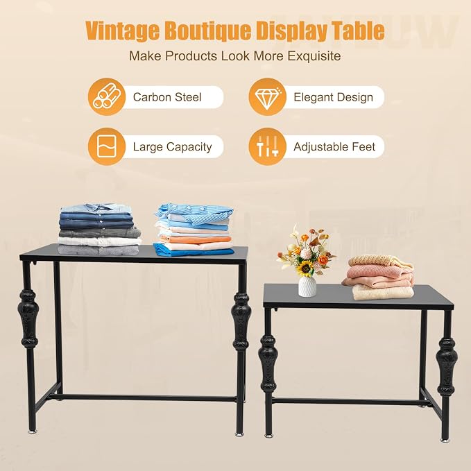 Retail Display Tables Black Boutique Nesting Tables | 2 Piece Set, Vintage Display Table, Clothing Shoes Display Shelf, For Retail Stores, Carbon Steel