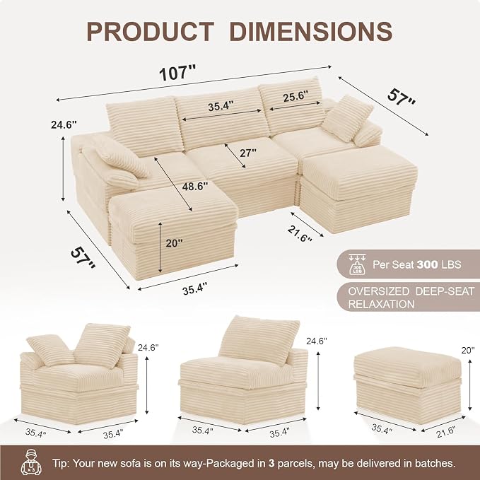 107" Modular U-Shaped Sectional Sofa with Storage, 3-Seat Corduroy Boneless Couch, 27" Deep Seat Cloud Couch & 2 Movable Ottoman, Tool-Free Assembly, Couch for Living Room, Beige