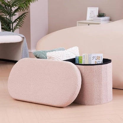 B FSOBEIIALEO Ottoman with Storage for Living Room, Sherpa Folding Storage Ottoman Foot Rest, 30 Inches Collapsible Bedroom Bench Pink