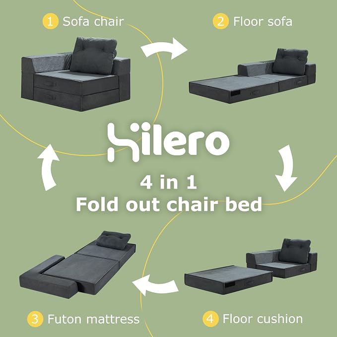 Folding Sofa Bed, 4 in 1 Convertible Sleeper Chair with Pillow, Standard Memory Foam Fold Out Chair Bed, Modern Floor Futon Sofa Couch Mattress for Living Room/Guest/Apartment, Black Grey