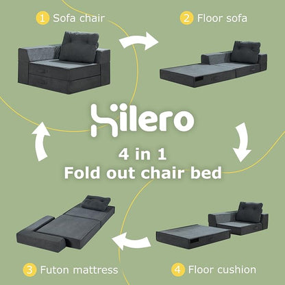 Folding Sofa Bed, 4 in 1 Convertible Sleeper Chair with Pillow, Standard Memory Foam Fold Out Chair Bed, Modern Floor Futon Sofa Couch Mattress for Living Room/Guest/Apartment, Black Grey